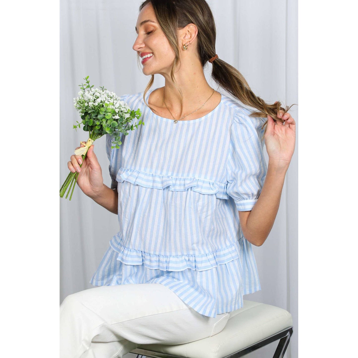Ruffle Cotton Striped Blouse