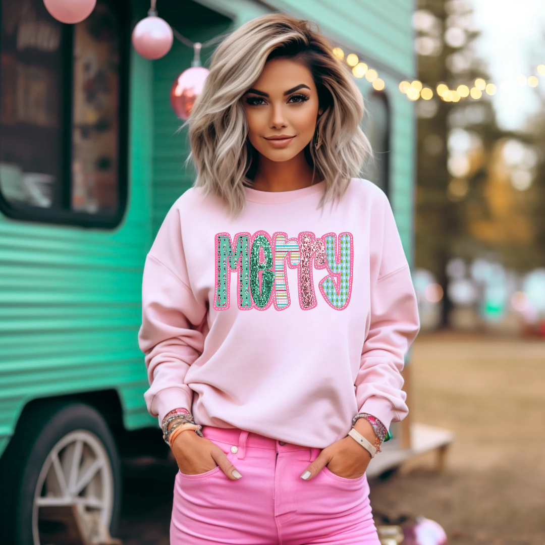 Merry Faux Embroidery Holiday Sweatshirt Crewneck