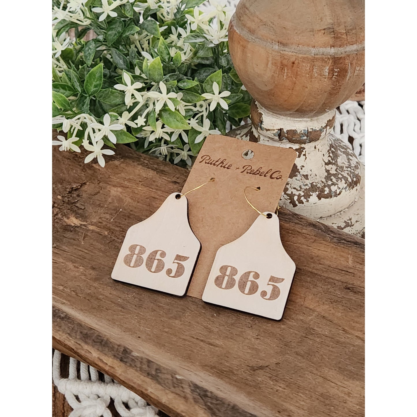 Area Code Wooden Cow Tag Design Earrings