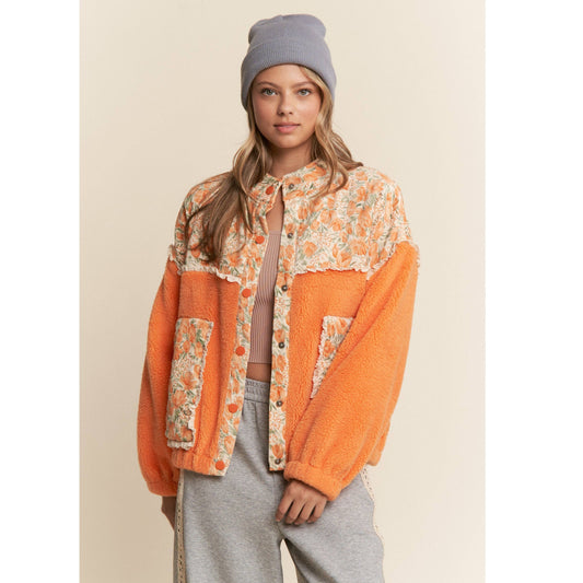 Teddy Sherpa Floral Mixed Fabric Jacke
