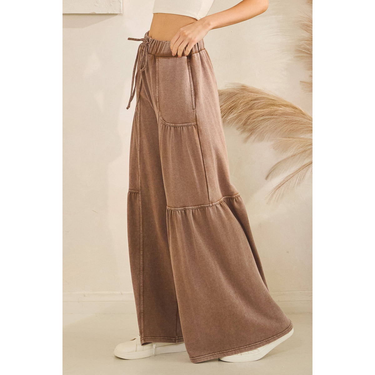 WASHED TIERED WIDE-LEG DRAWSTRING PANTS