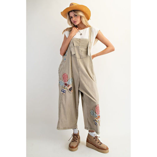 FLOWER PATCH WASHED DENIM OVERALLS