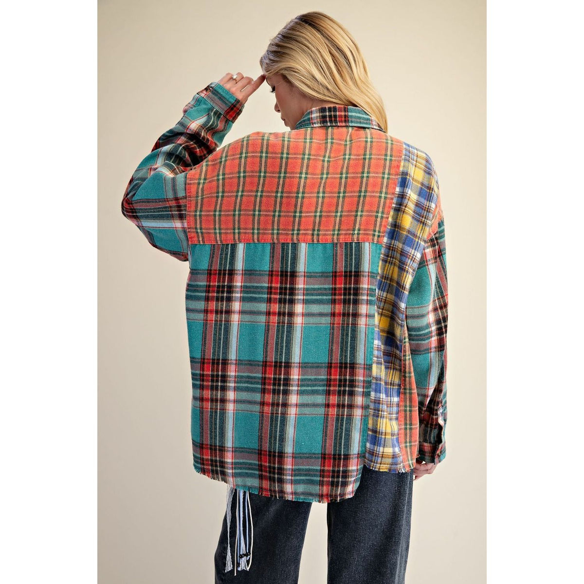PLUS SIZE-PLAID MIX BUTTON DOWN WASHED SHIRT