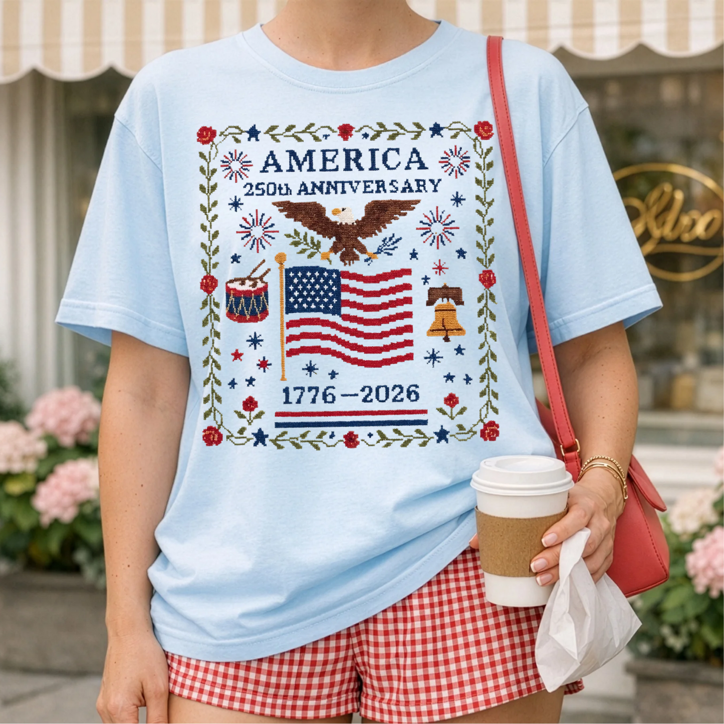 250th AMERICA FAUX CROSS STITCH TEE