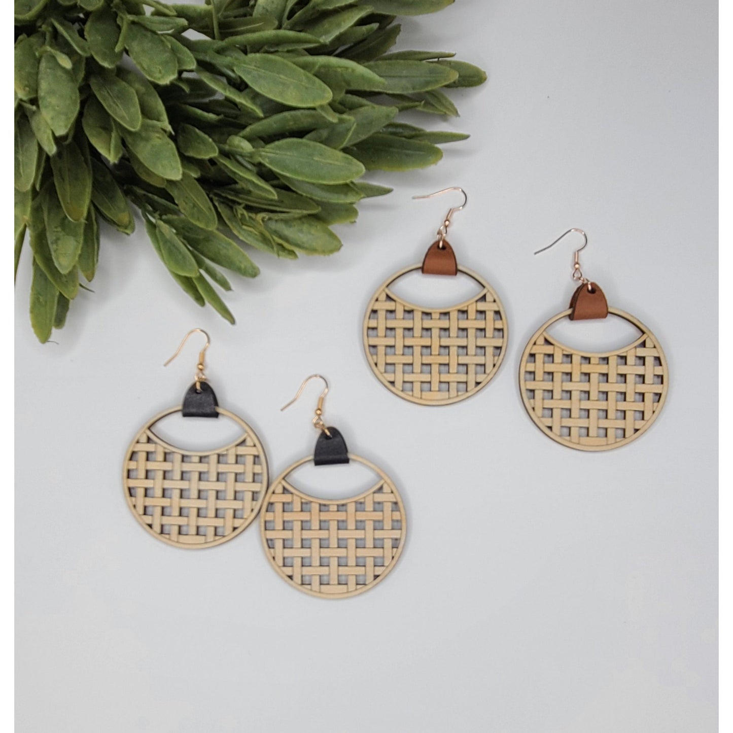 Wood and Leather Rattan Earrings