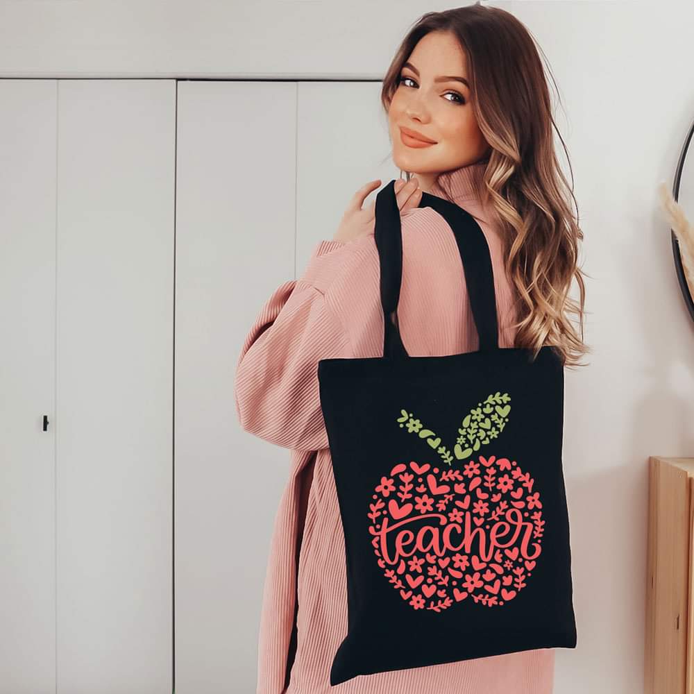 Floral apple teacher tote bag
