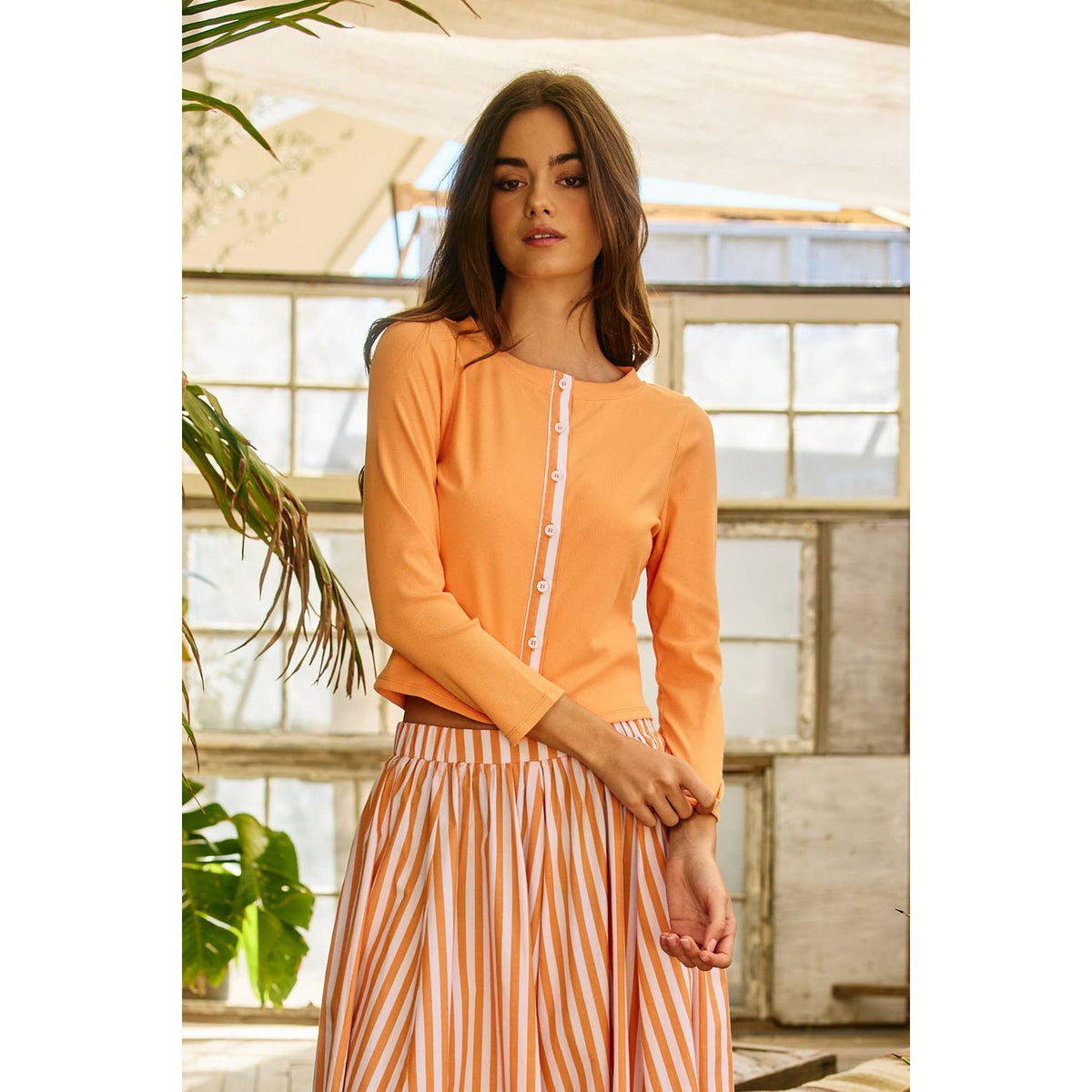 Trim Button-Down Ribbed Top
