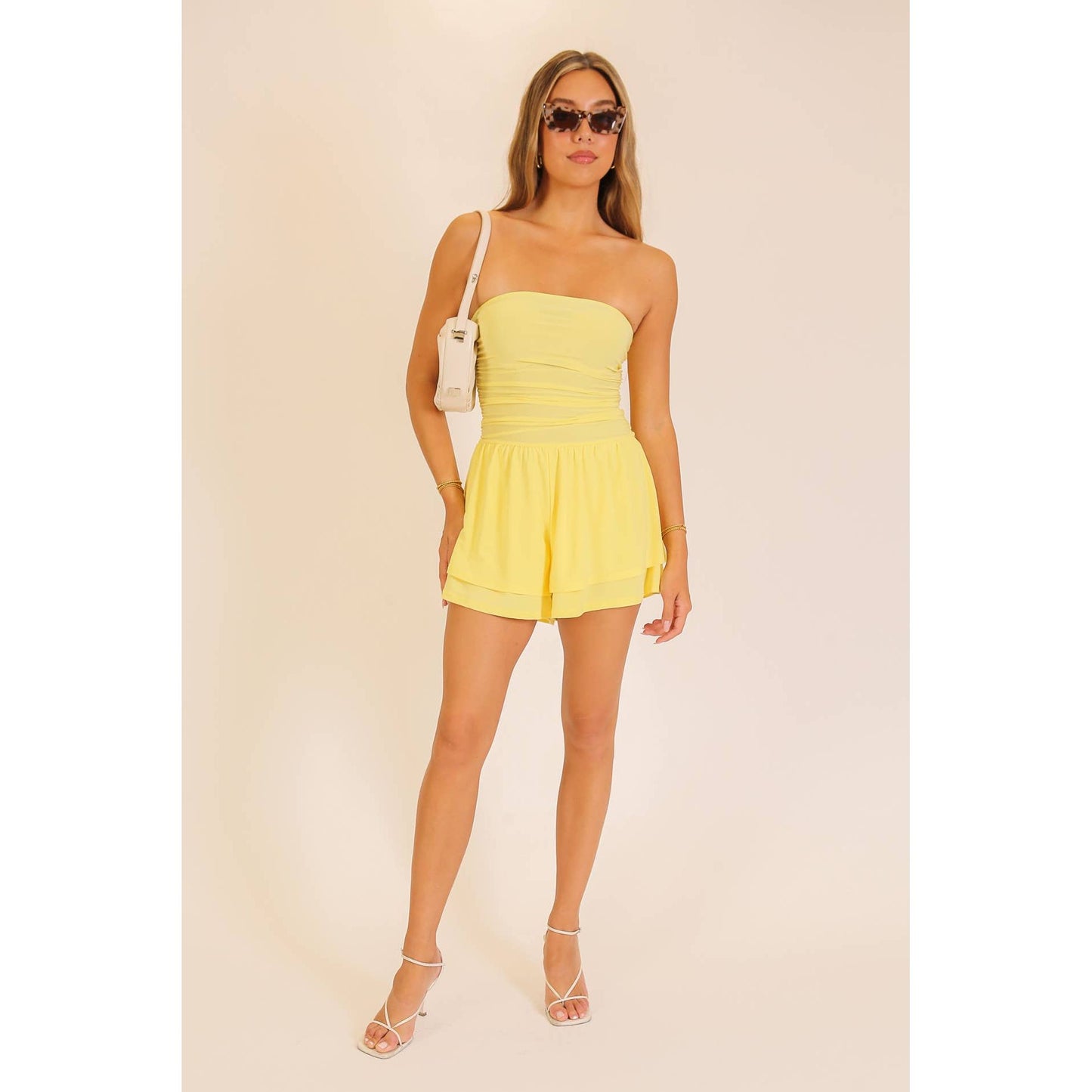 Game Day Ruched Strapless Romper