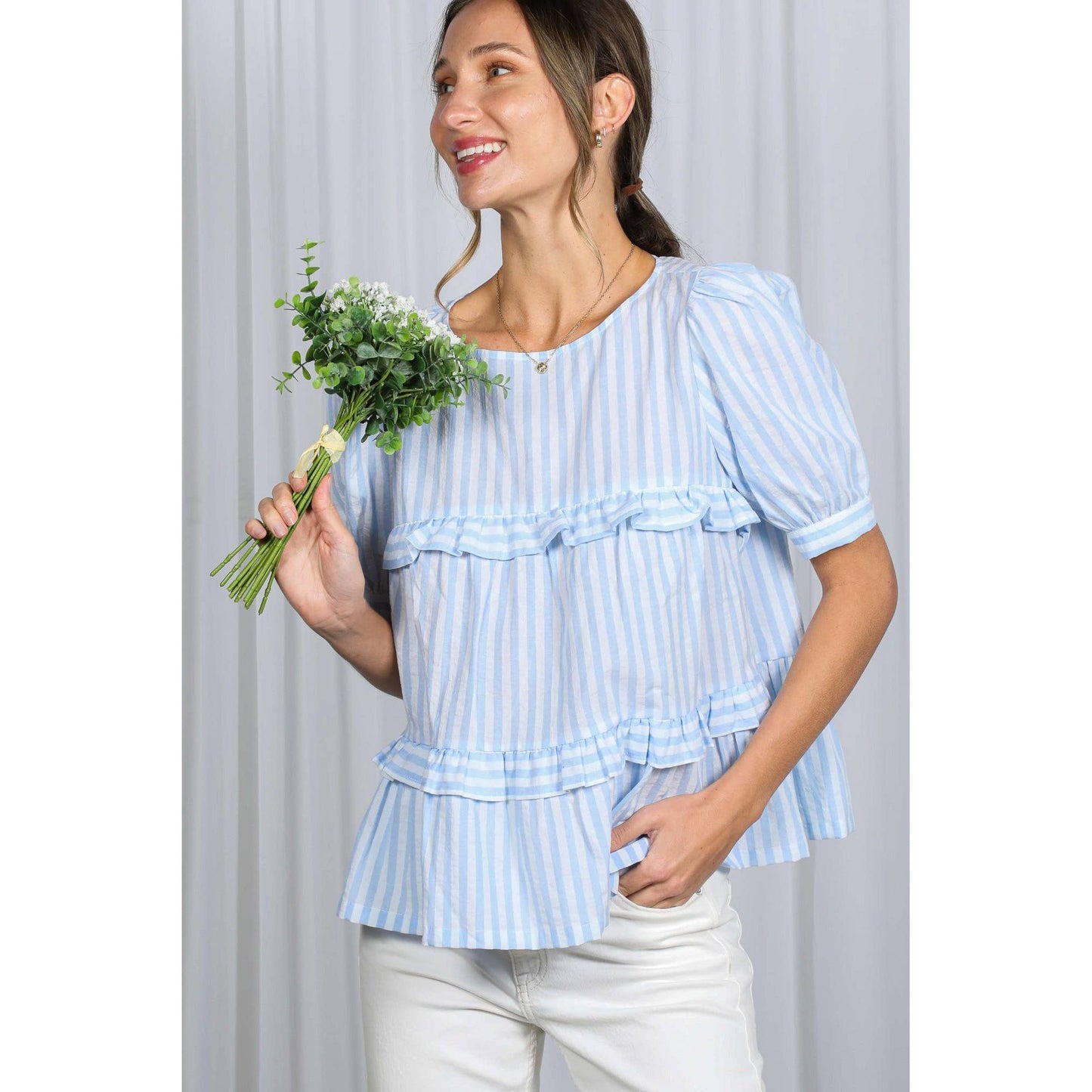 Ruffle Cotton Striped Blouse