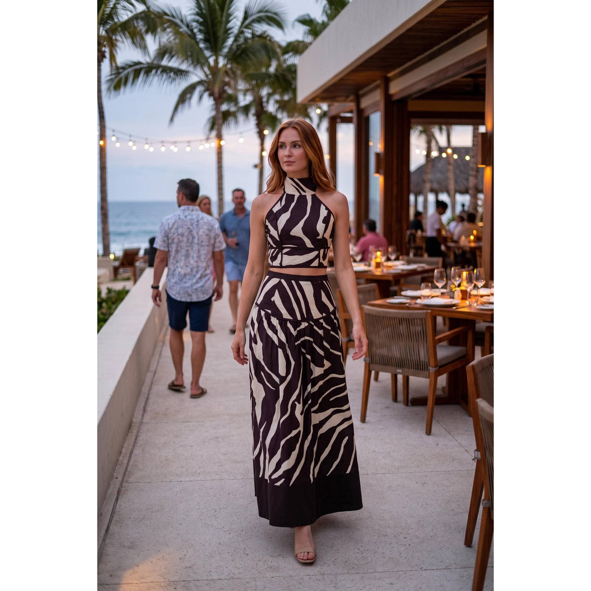 Zebra Print Halter Crop Top & Maxi Skirt Set