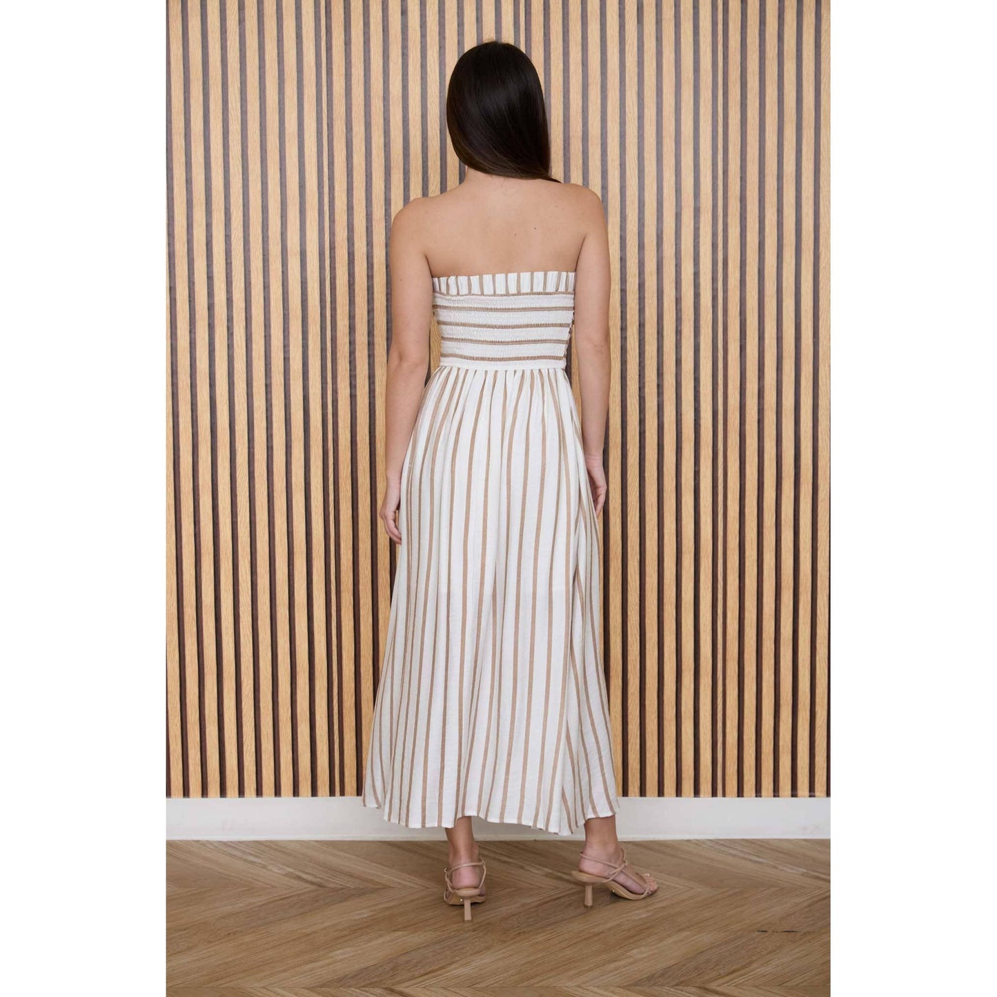 STRIPE PLEATED STRAPLESS LINEN MIDI DRESS
