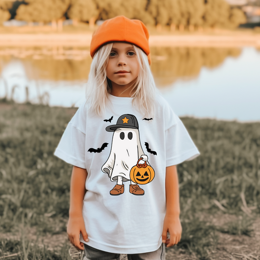 Ballcap ghost with pumpkin toddler tshirt