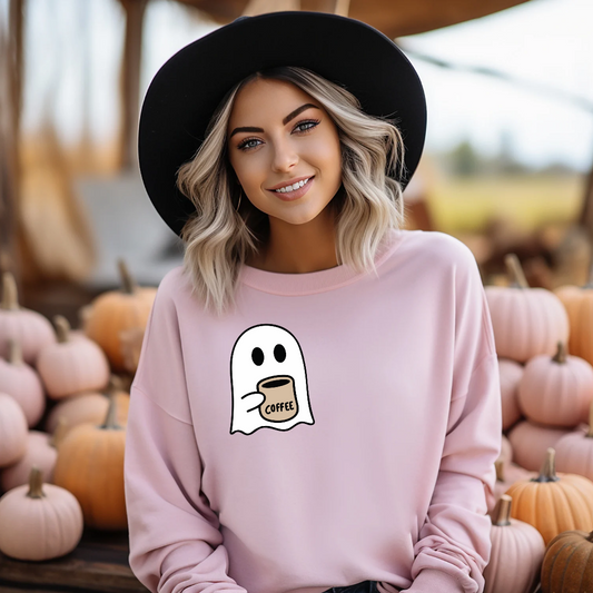 cute ghost holding coffee crewneck