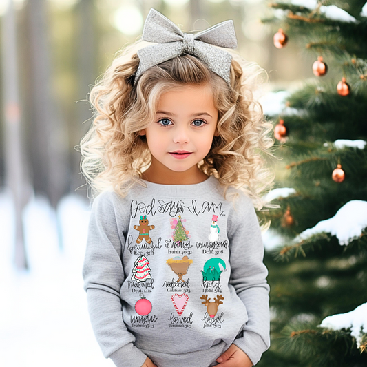 God says I am holiday kids crewneck 