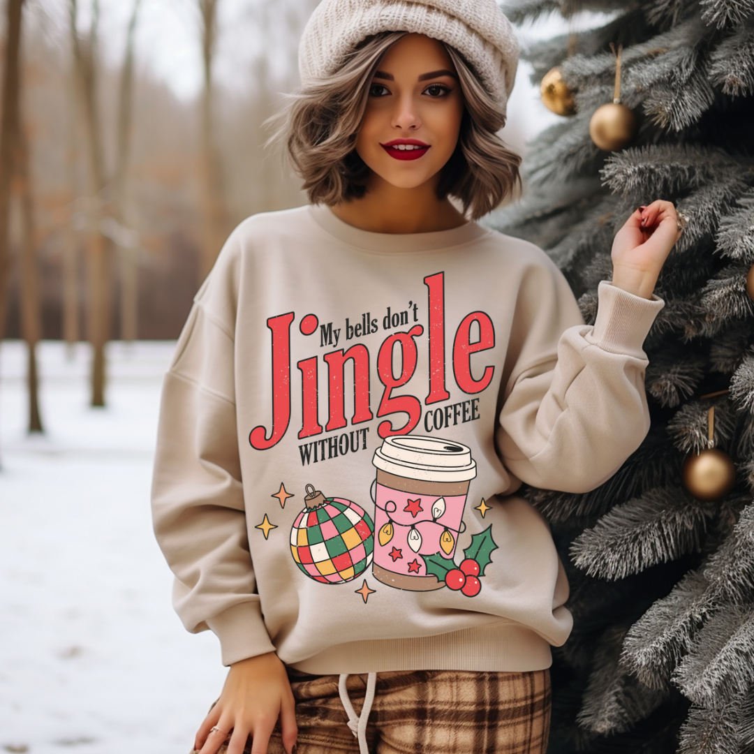 My Bells Don't Jingle Without Coffee Retro Tan Holiday Crewneck