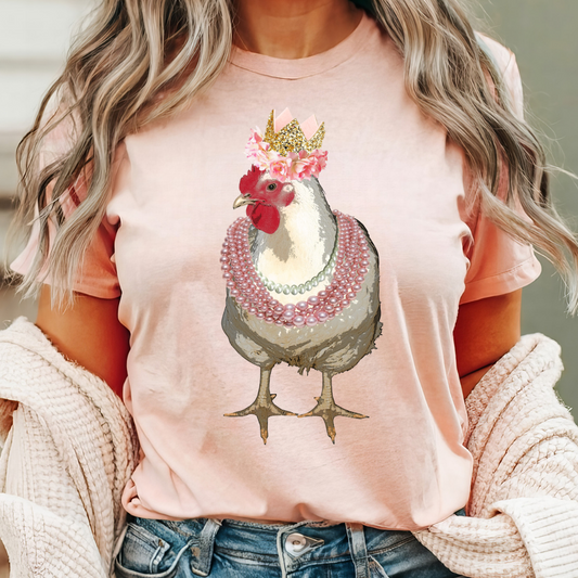 farm glam chicken with crown and pearls tshirt