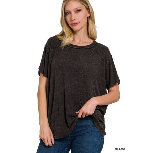 Washed Ribbed Short Sleeve Boat-neck Top