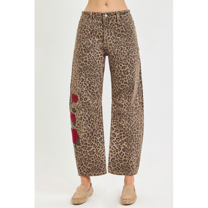 Barrel Rose Embroidered Leopard Print Pants