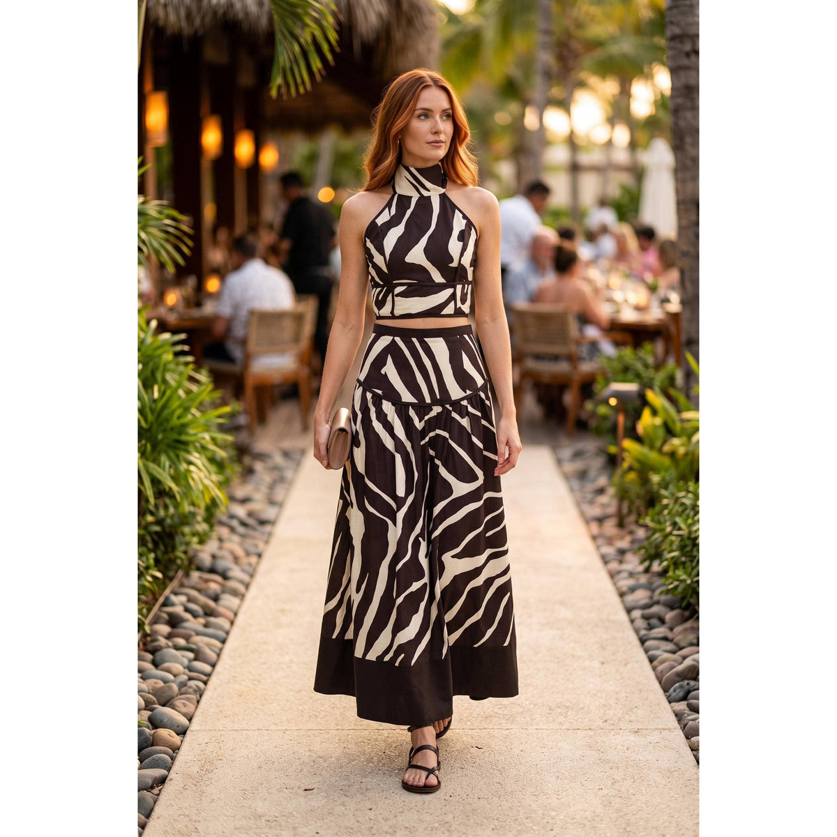Zebra Print Halter Crop Top & Maxi Skirt Set