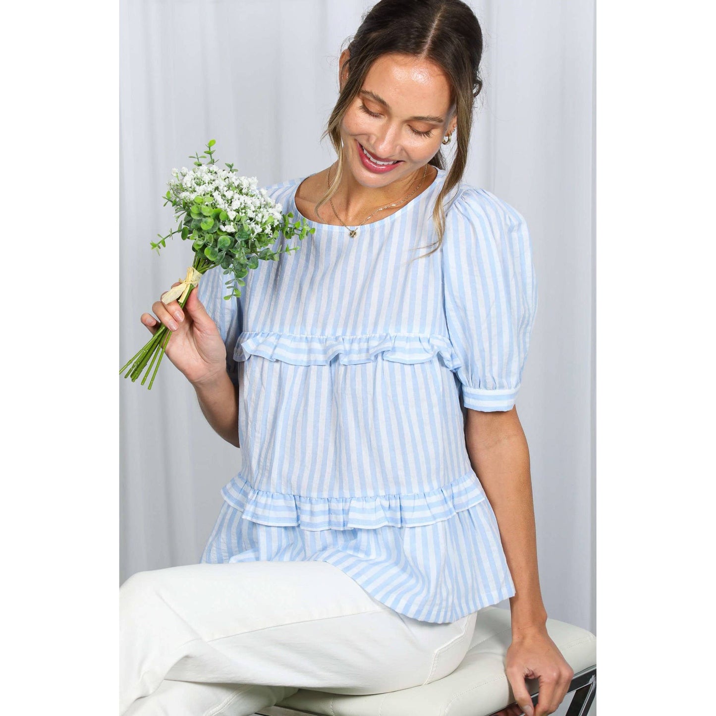 Ruffle Cotton Striped Blouse