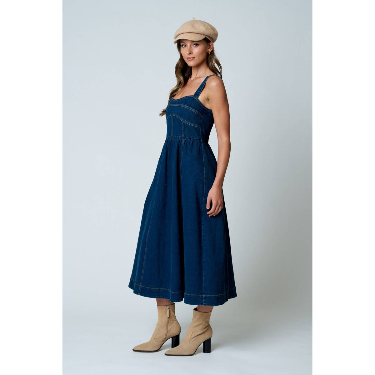 CORSET SEAM DETAIL DENIM MIDI DRESS