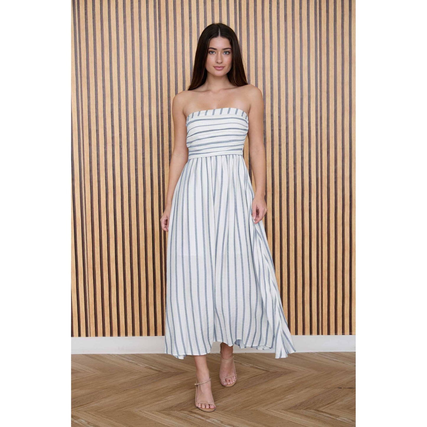 STRIPE PLEATED STRAPLESS LINEN MIDI DRESS