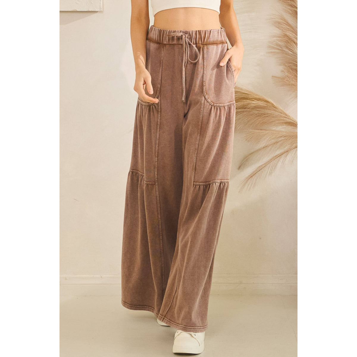 WASHED TIERED WIDE-LEG DRAWSTRING PANTS