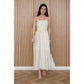 STRIPE PLEATED STRAPLESS LINEN MIDI DRESS
