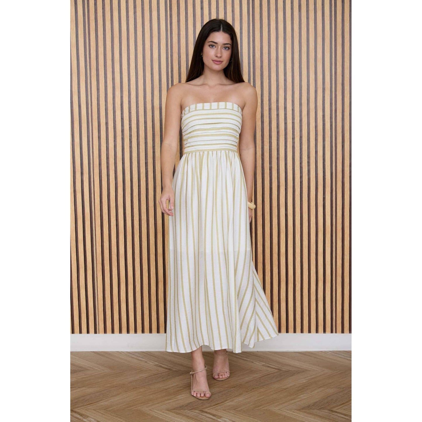 STRIPE PLEATED STRAPLESS LINEN MIDI DRESS