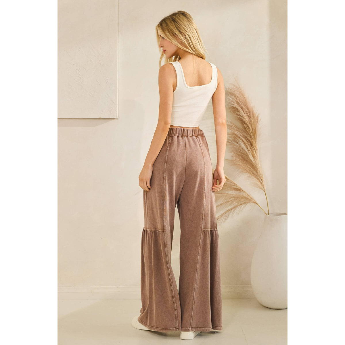WASHED TIERED WIDE-LEG DRAWSTRING PANTS