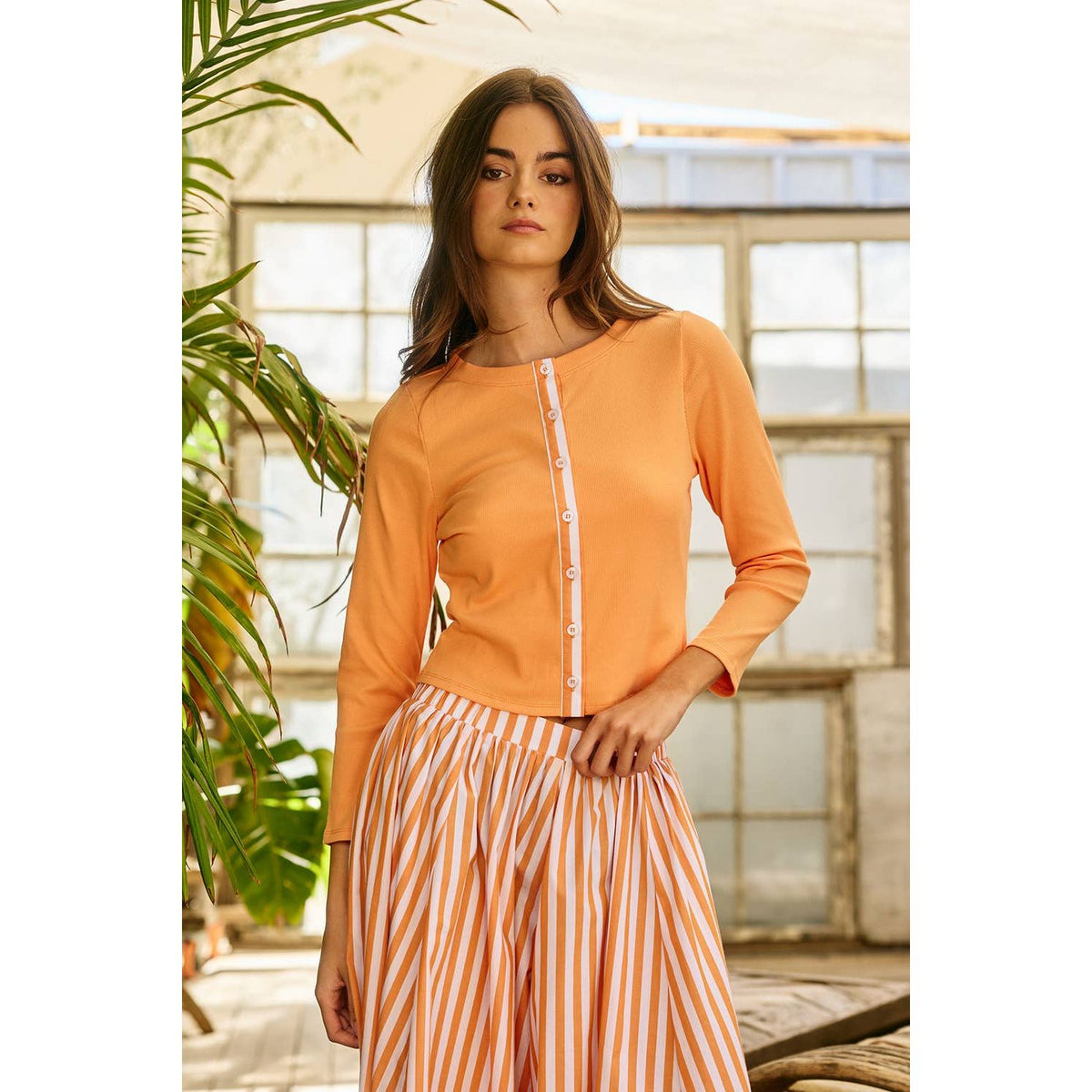Trim Button-Down Ribbed Top