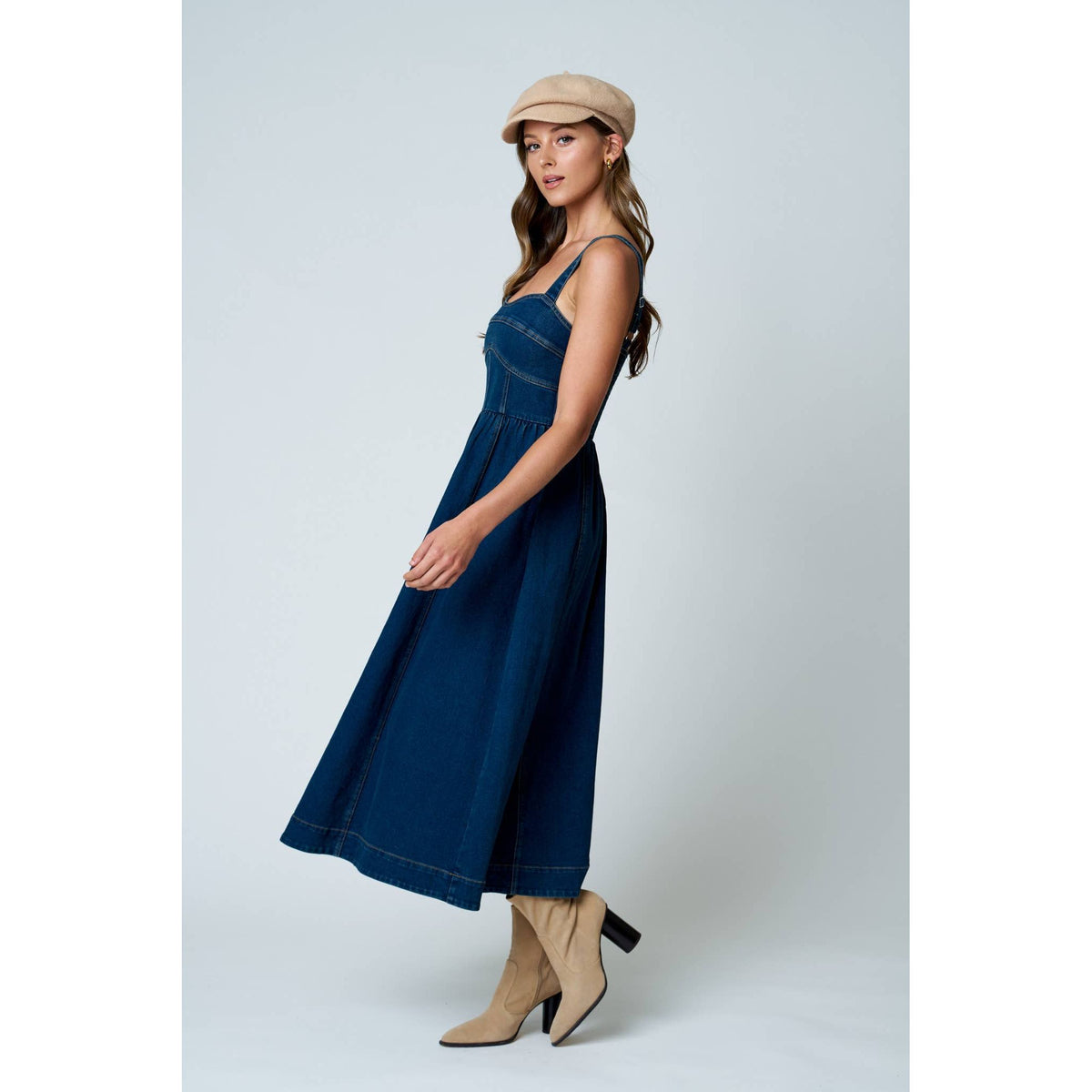CORSET SEAM DETAIL DENIM MIDI DRESS