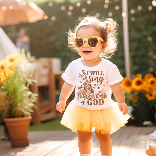 I will see of his goodness guitar faith kids tshirt