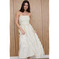 STRIPE PLEATED STRAPLESS LINEN MIDI DRESS
