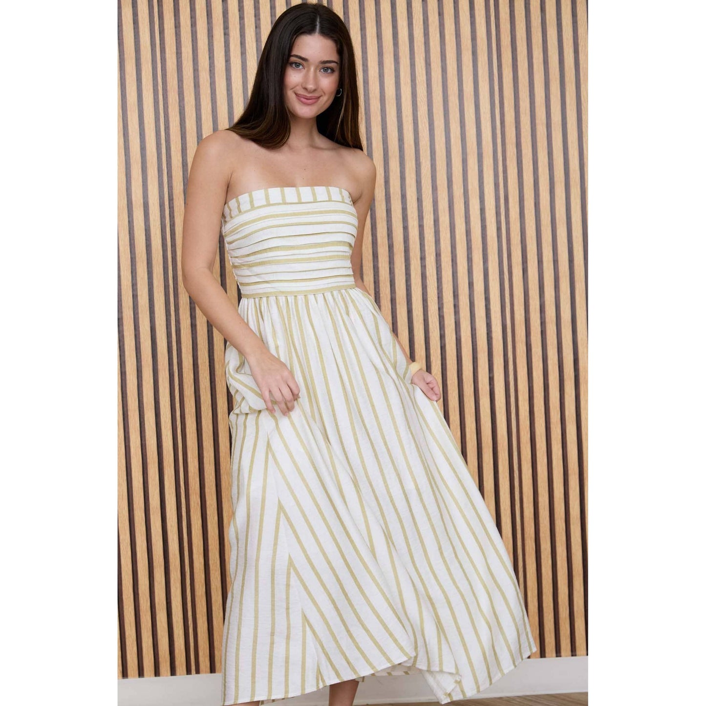 STRIPE PLEATED STRAPLESS LINEN MIDI DRESS