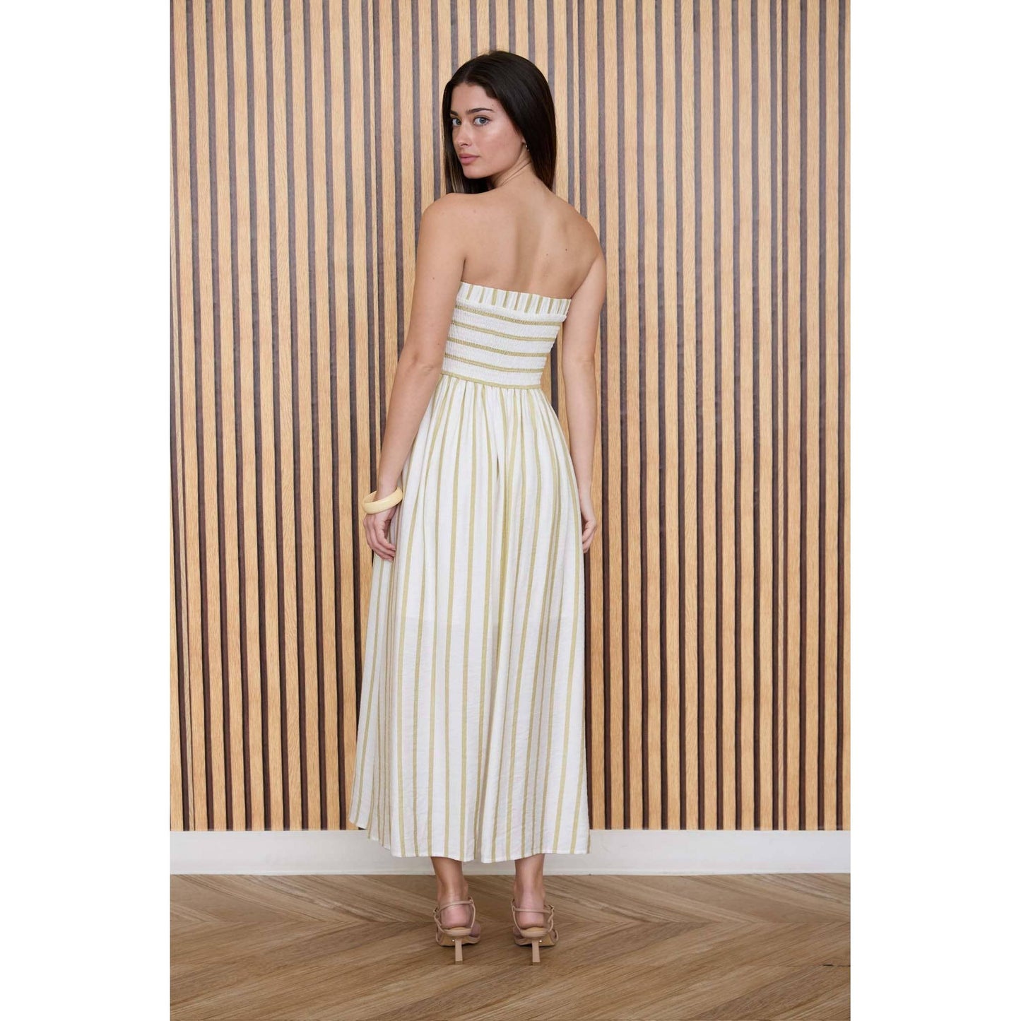 STRIPE PLEATED STRAPLESS LINEN MIDI DRESS