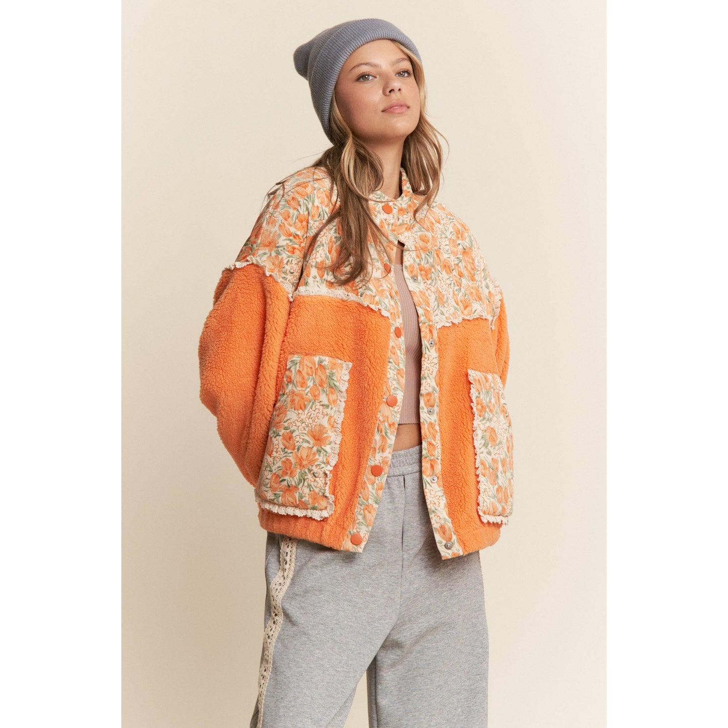 Teddy Sherpa Floral Mixed Fabric Jacke