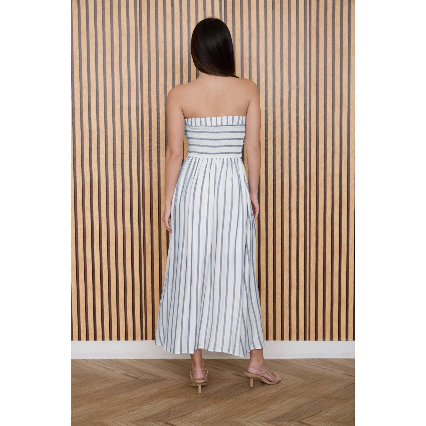 STRIPE PLEATED STRAPLESS LINEN MIDI DRESS