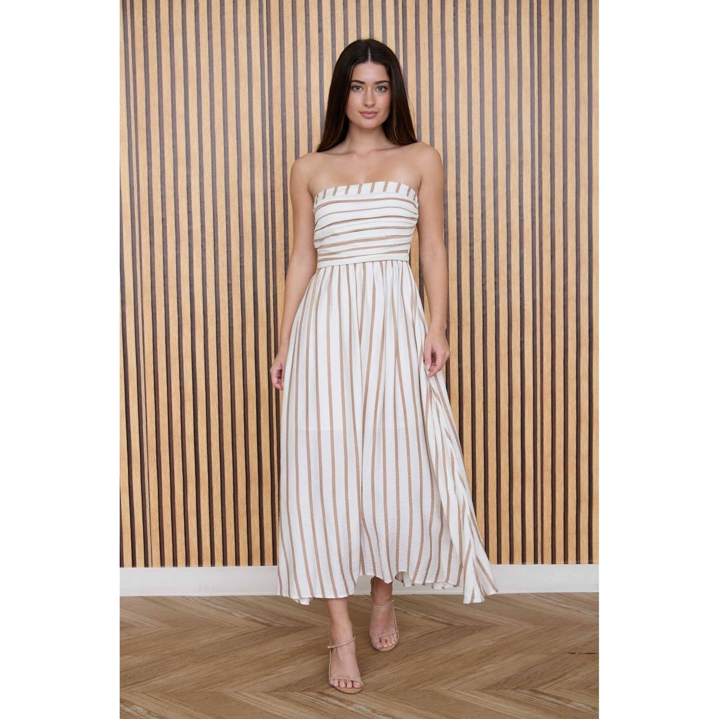 STRIPE PLEATED STRAPLESS LINEN MIDI DRESS
