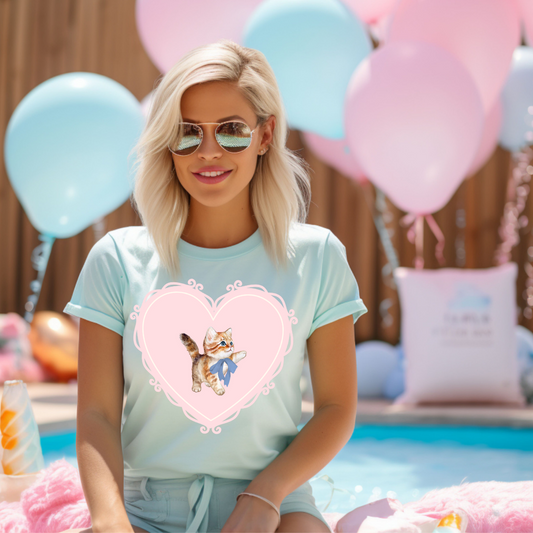 Cute Coquette Pink Heart Kitty Tee