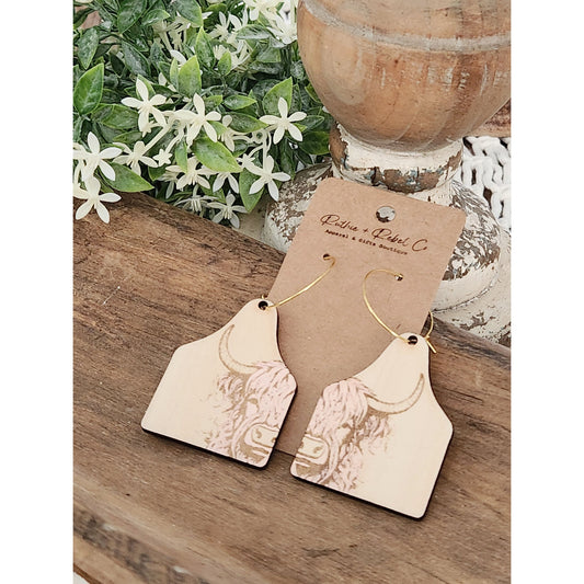 highland cow tag light weight wood earrings