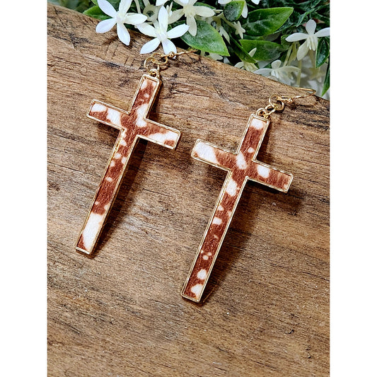 Faux cow hide western cross earrings