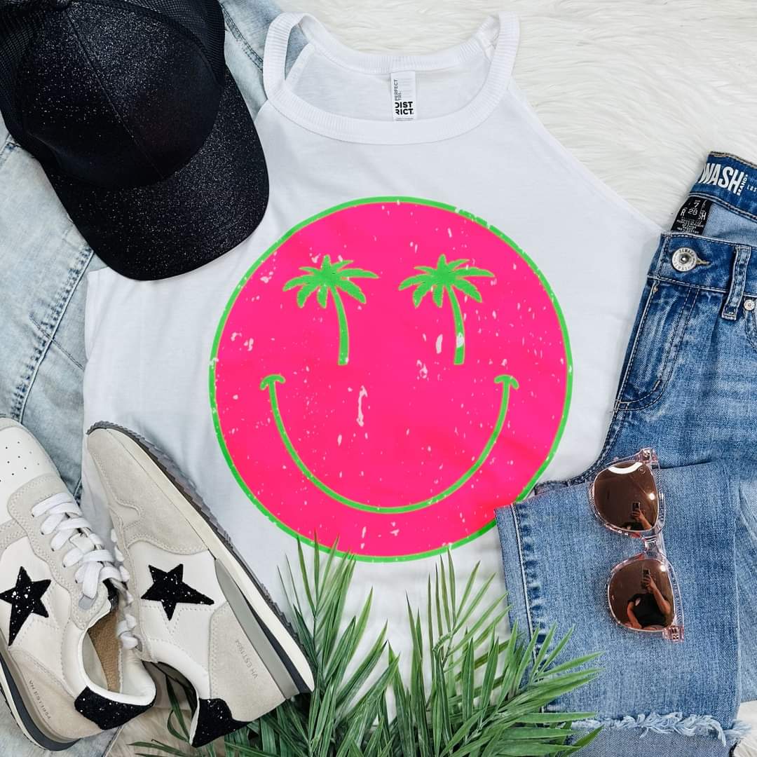 Neon pink and green happy palm trees