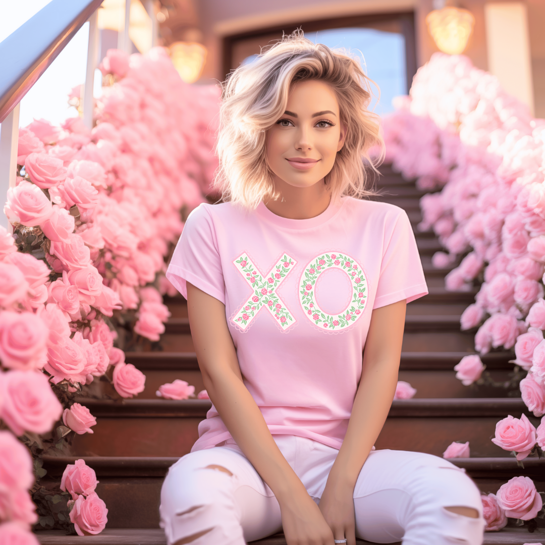 Coquette XO Scallop Lace Pink Floral Valentines Tee