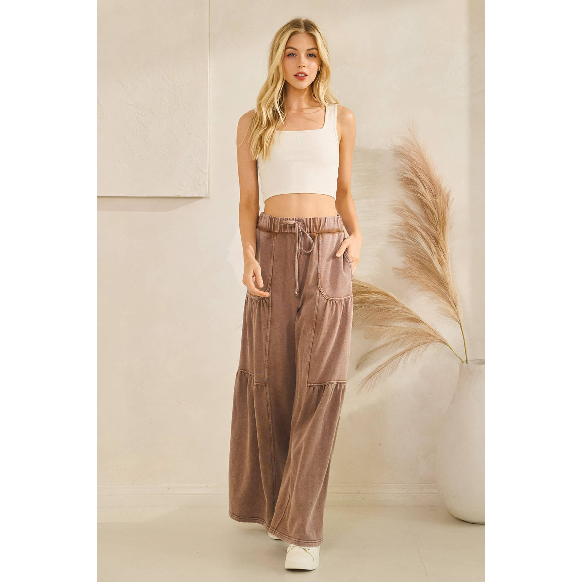 WASHED TIERED WIDE-LEG DRAWSTRING PANTS