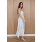 STRIPE PLEATED STRAPLESS LINEN MIDI DRESS