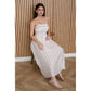STRIPE PLEATED STRAPLESS LINEN MIDI DRESS