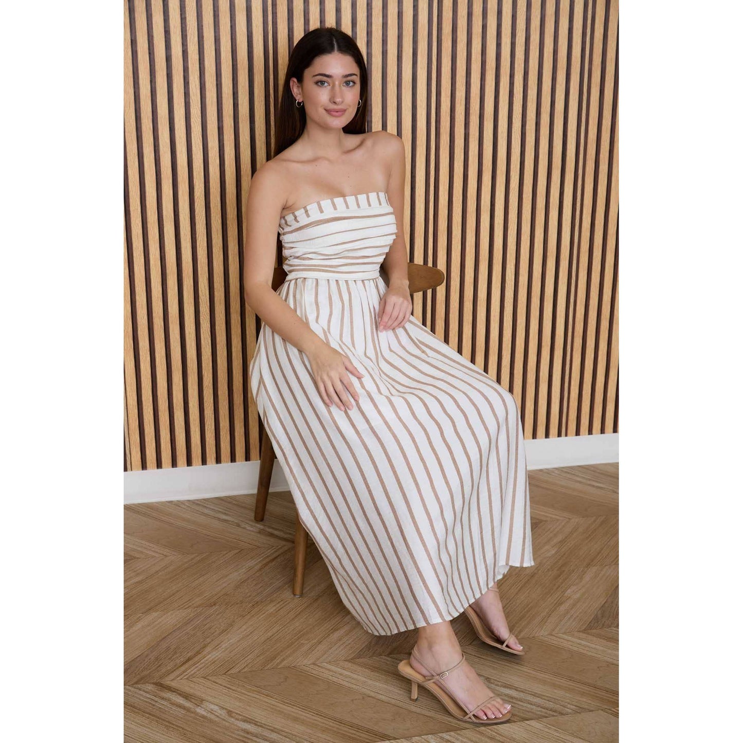 STRIPE PLEATED STRAPLESS LINEN MIDI DRESS