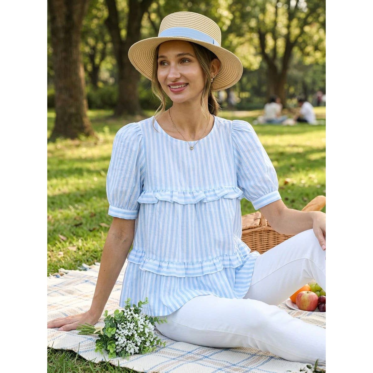 Ruffle Cotton Striped Blouse