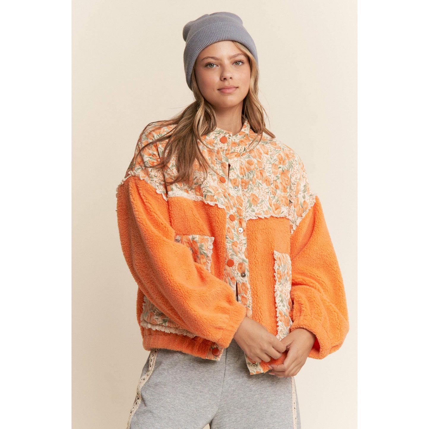 Teddy Sherpa Floral Mixed Fabric Jacke